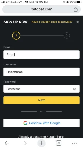 BetOBet register screenshot